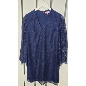 Lilly Pulitzer Felicity Dress Navy Blue Sunburst Lace VNeck Long Sleeve 4 Resort